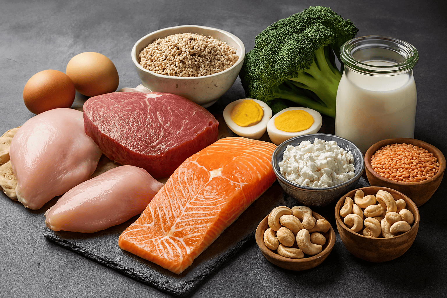  منابع پروتئینی سالم شامل گوشت،ماهی، تخم‌مرغ، لبنیات، مغز ها و سبزیجات