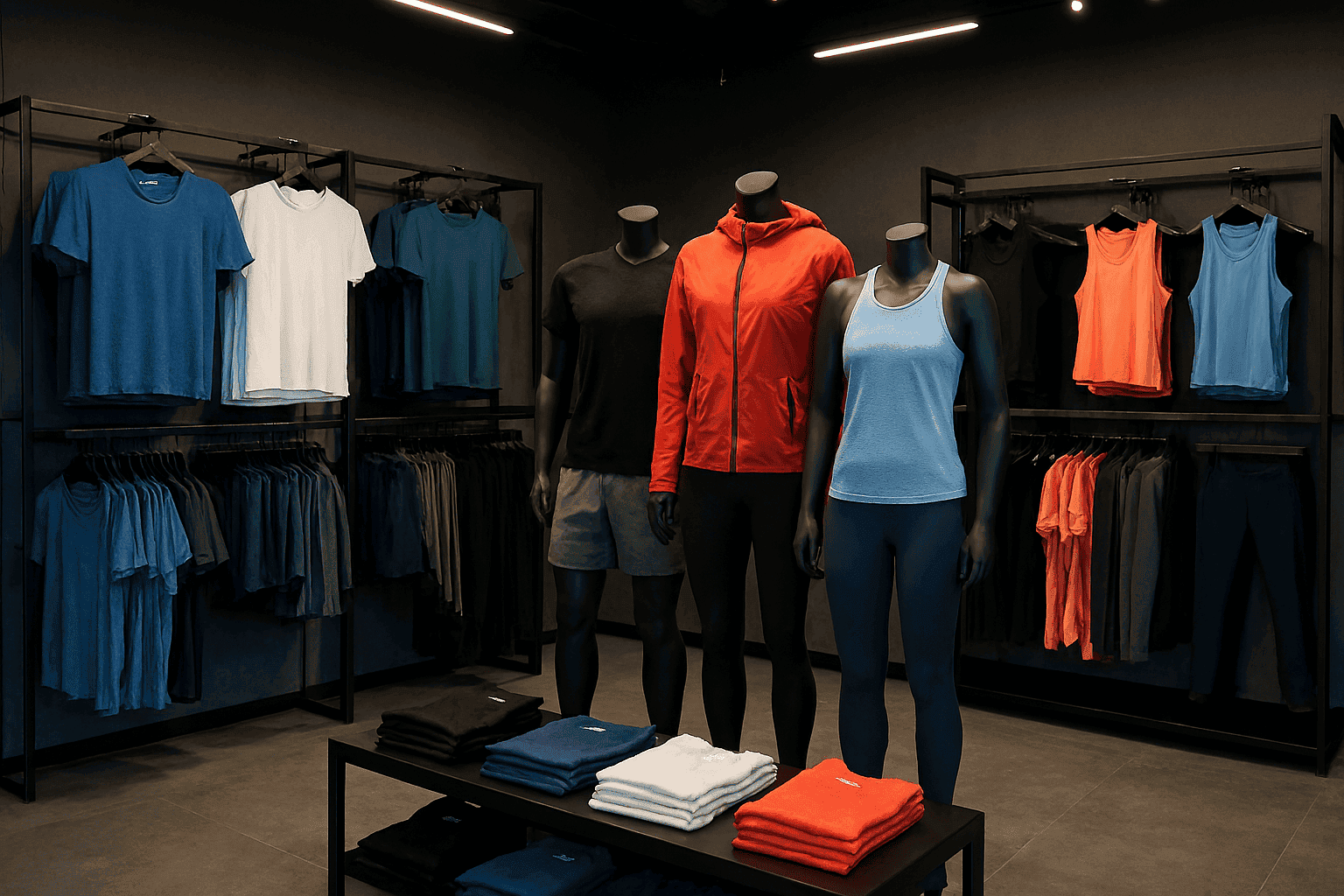 نمای داخلی فروشگاه لباس ورزشی با مانکن‌ های پوشیده از لباس‌های تمرینی 