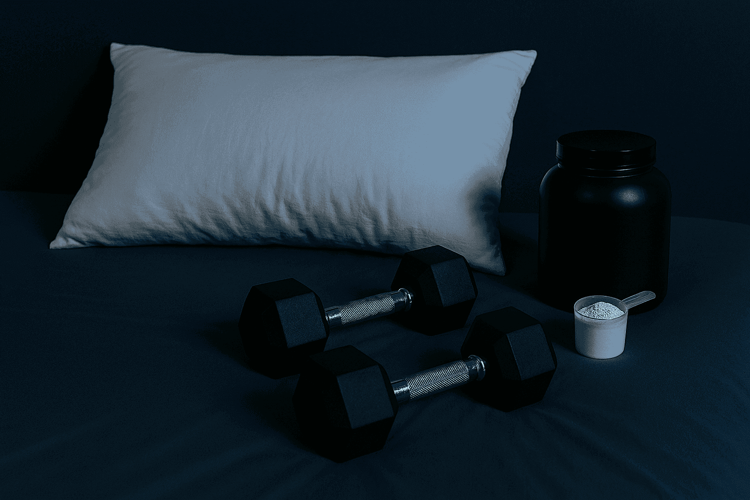 اتاق خواب تاریک با تخت مرتب، مکمل پروتئین، دمبل، شیکر و مت یوگا