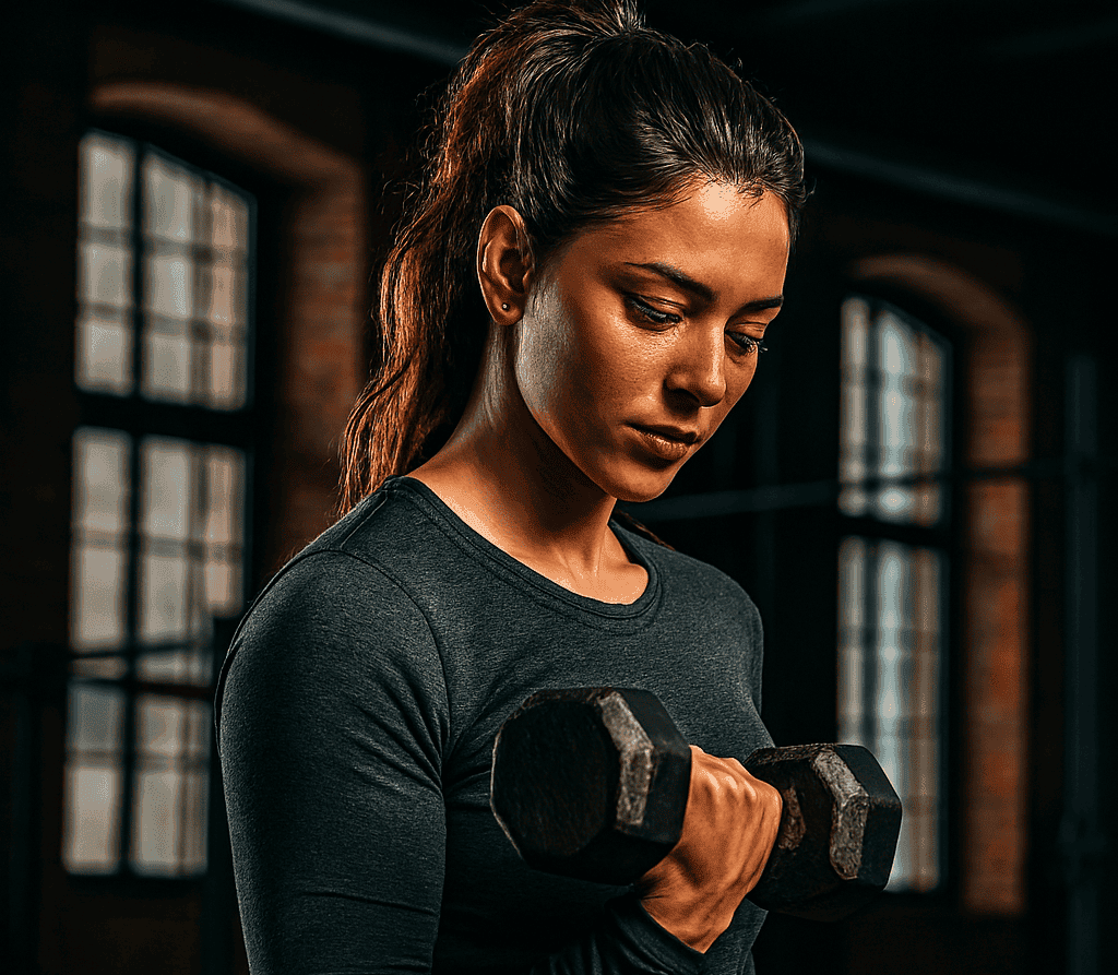 زن ورزشکار با لباس آستین‌ دار در حال تمرین با دمبل در باشگاه