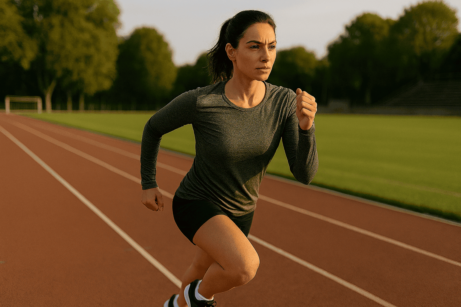 زن ورزشکار با لباس ورزشی آستین‌بلند در حال دویدن روی پیست روباز
