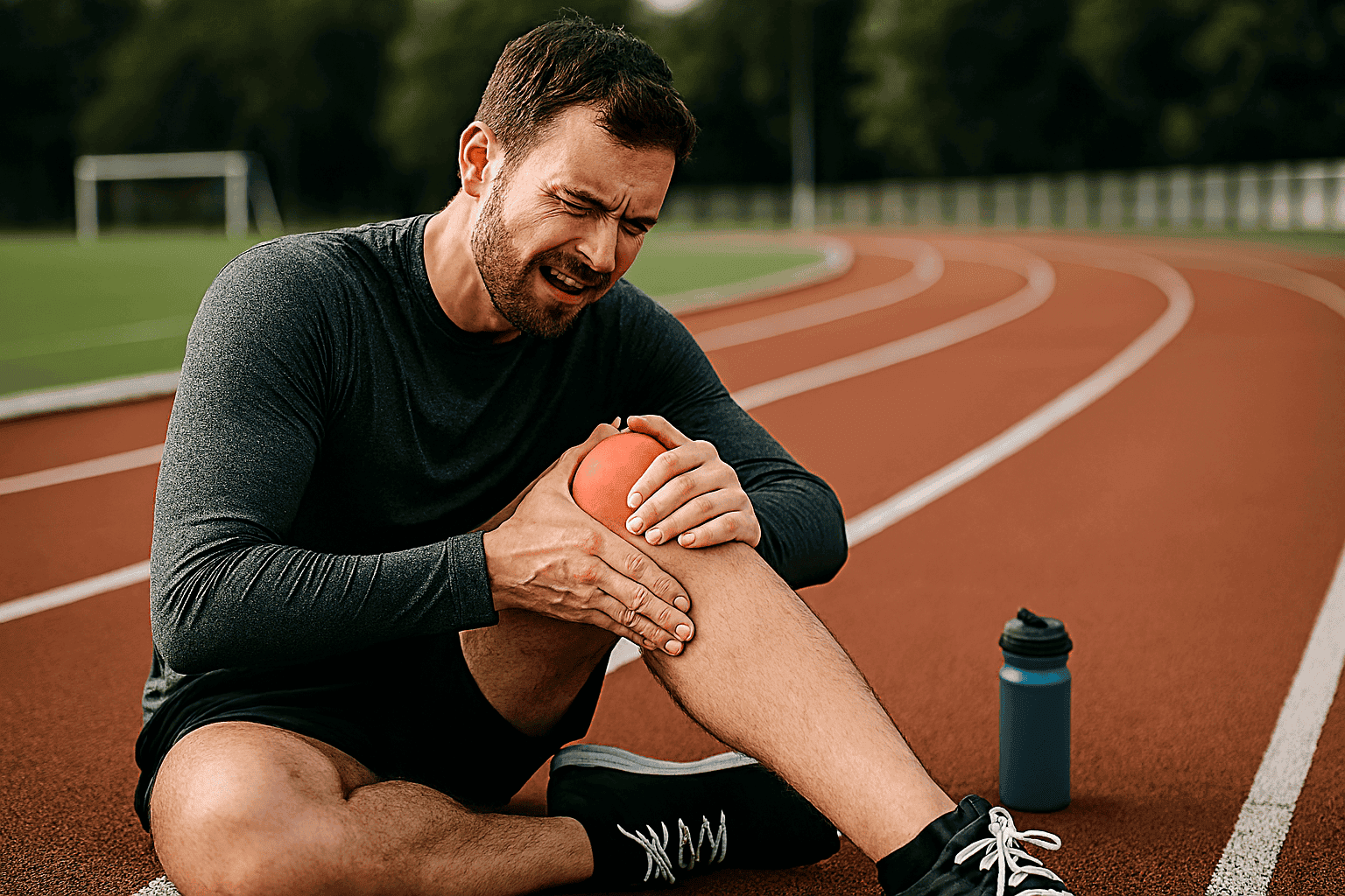 ورزشکار مرد آسیب‌دیده در حال نگه‌داشتن زانوی خود