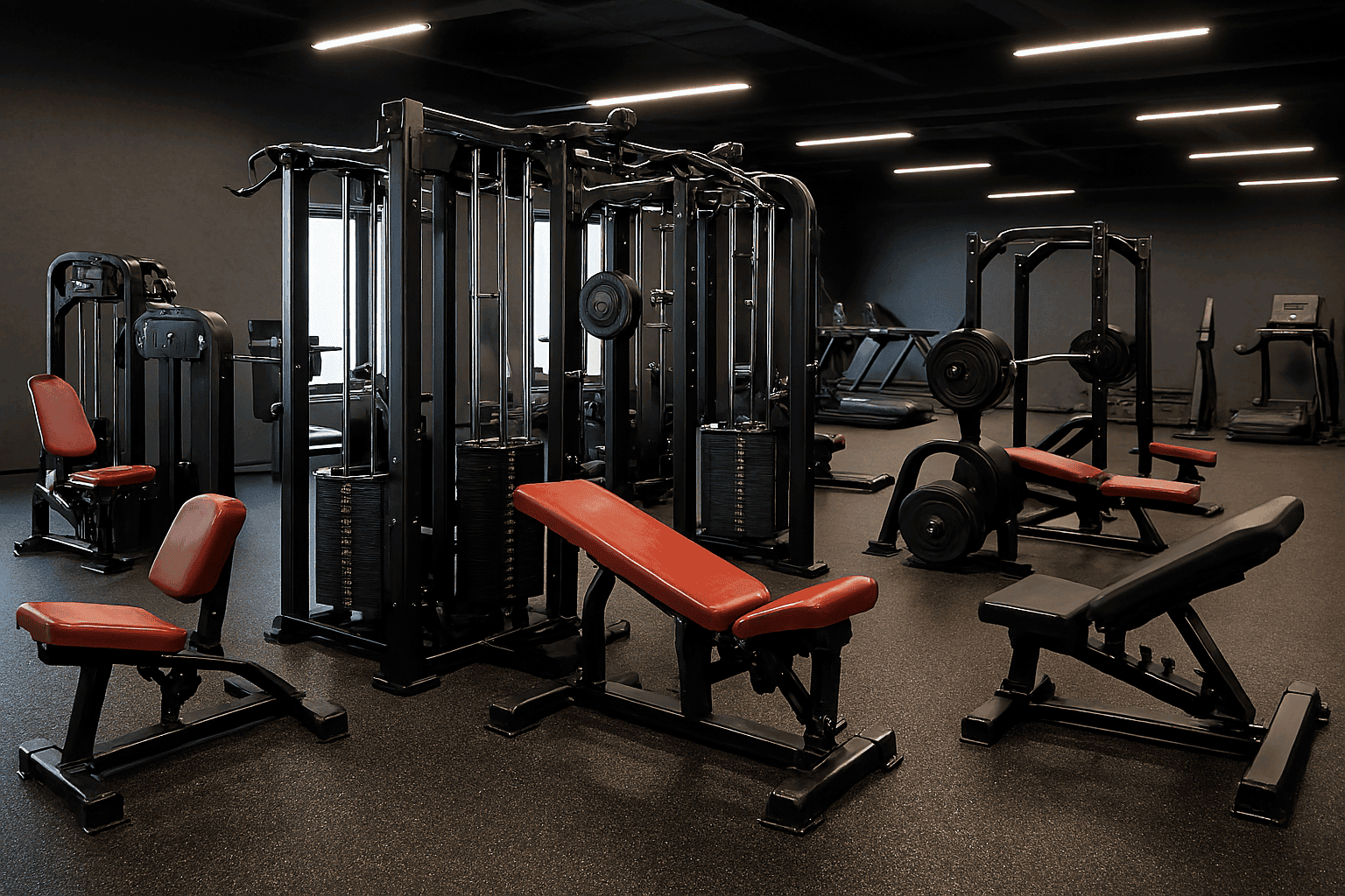 نمای داخلی باشگاه ورزشی با دستگاه‌های قدرتی و هوازی مدرن در فضایی منظم